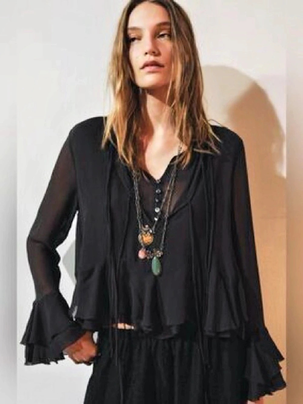 Zara Chiffon Bow Top Black Blouse